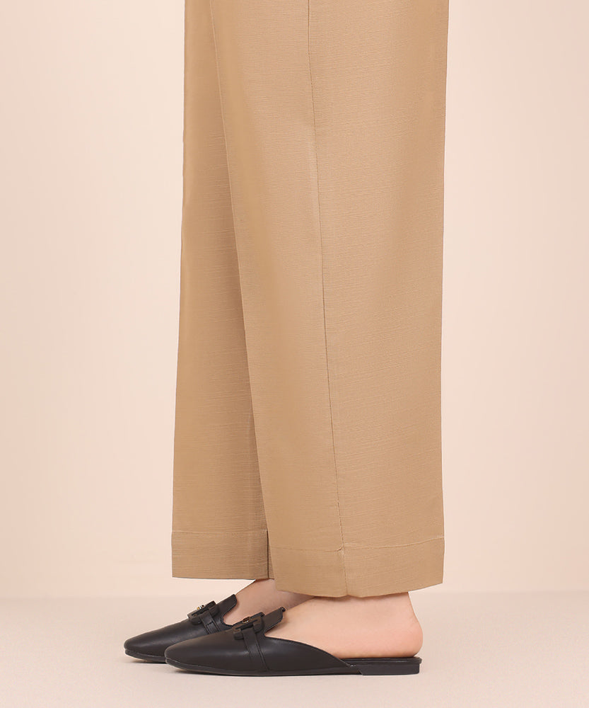 Women's Pret Solid Tan Khaddar Straight Trousers