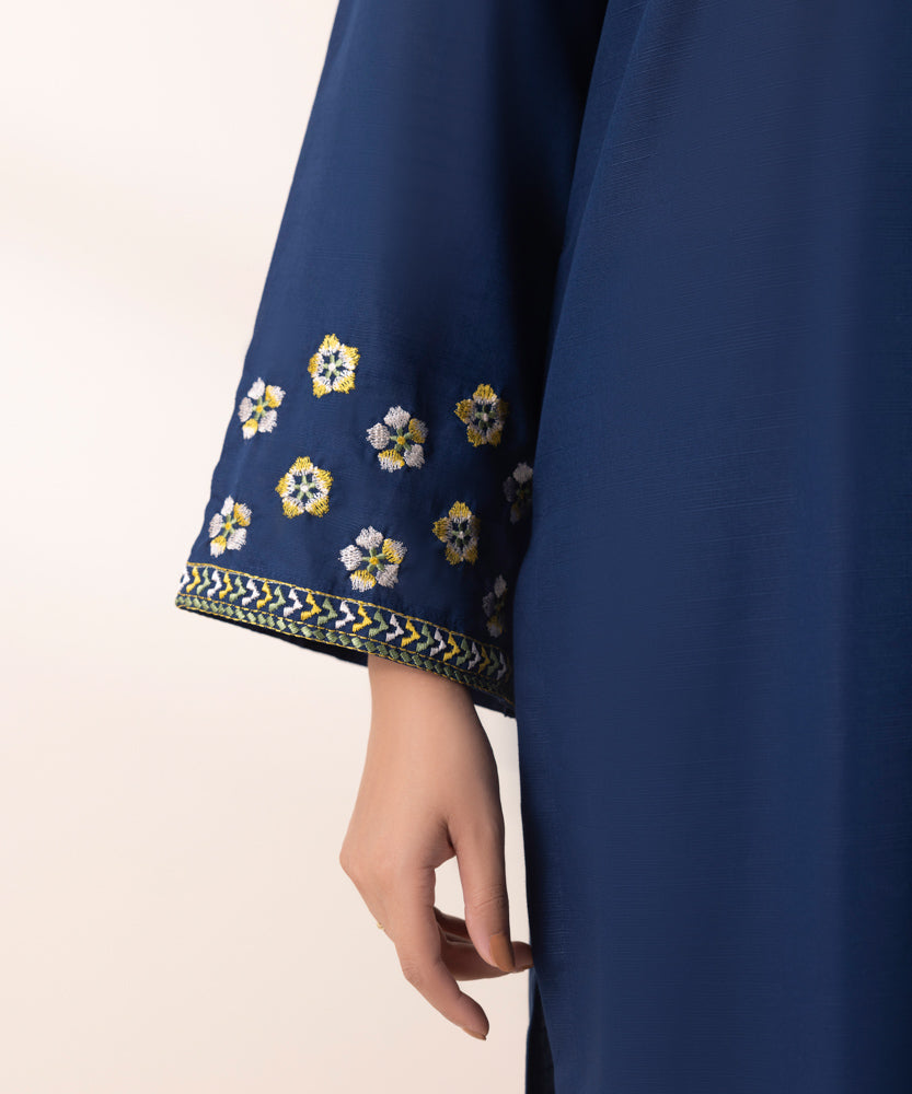 Women's Pret Solid Embroidered Navy Blue Light Khaddar A Line Shirt