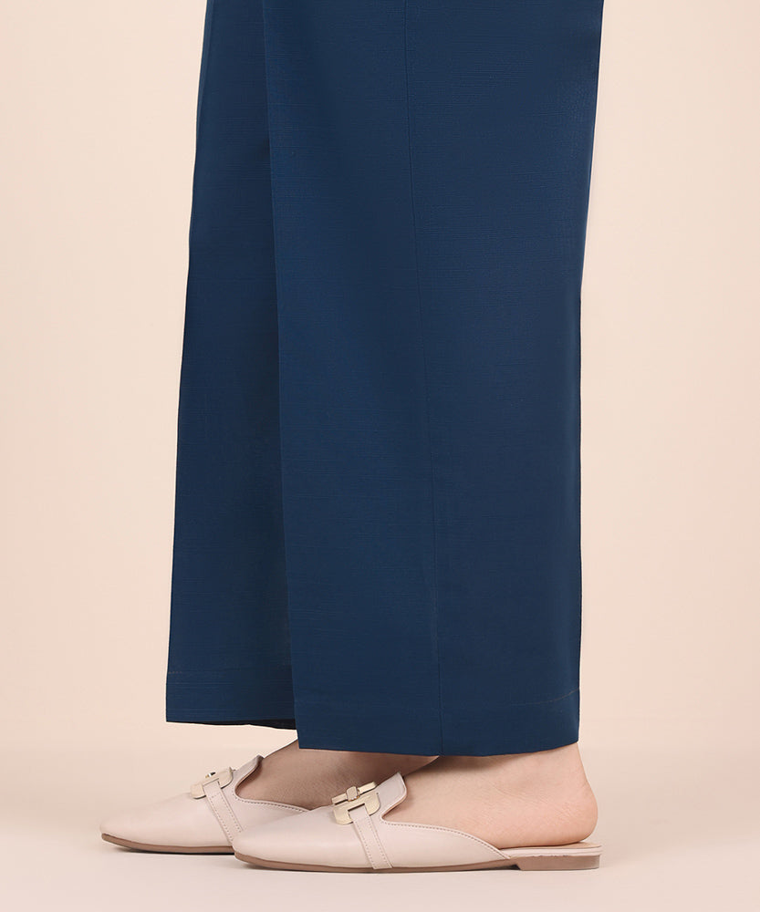 Women's Pret Solid Navy Blue Light Khaddar Straight Trousers