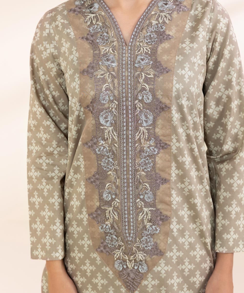 Women's Pret Cambric Beige Embroidered Straight Shirt