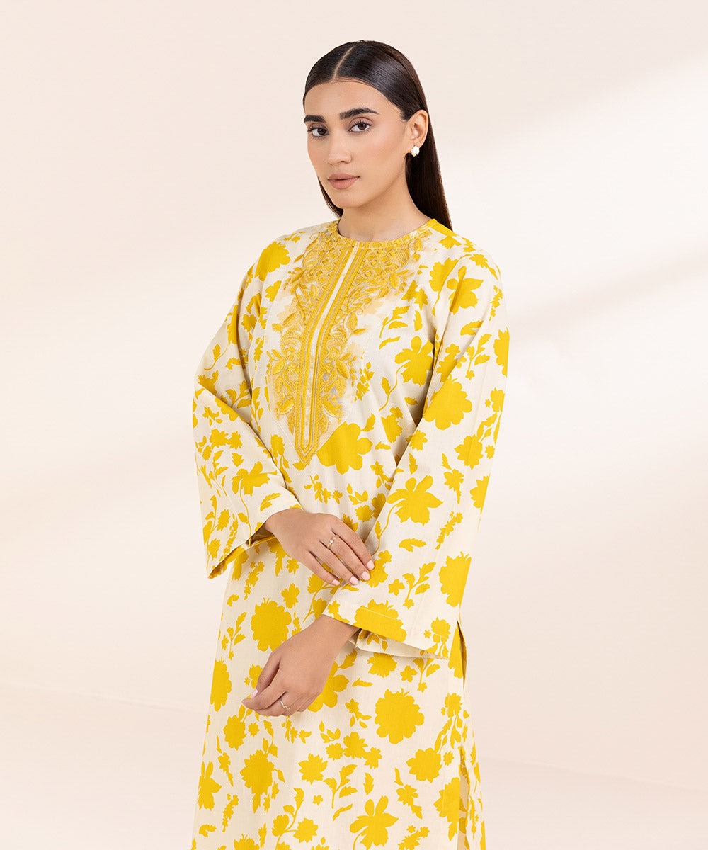 Women's Pret Cambric Yellow Embroidered A-Line Shirt