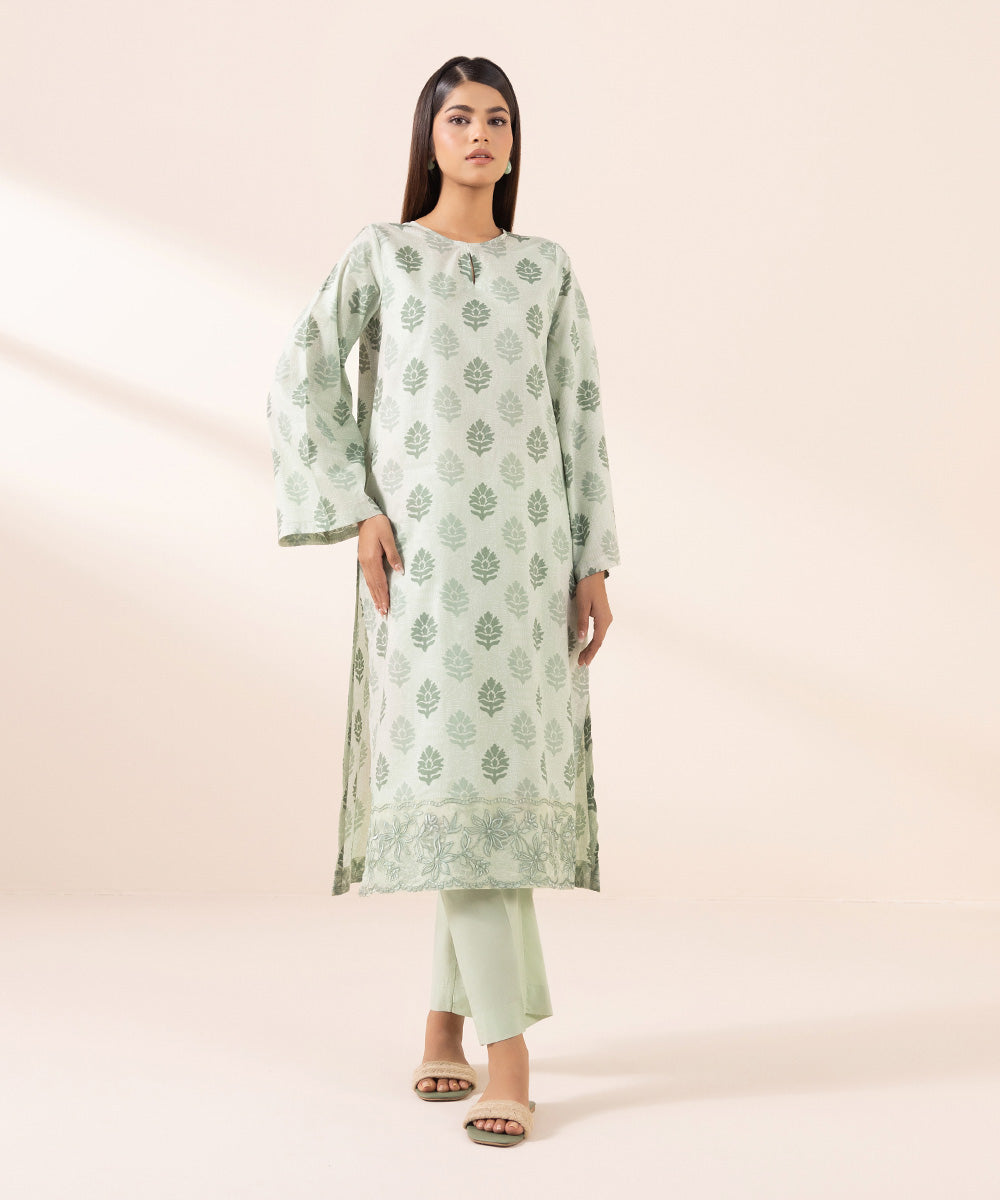 Women's Pret Cambric Green Embroidered A-Line Shirt