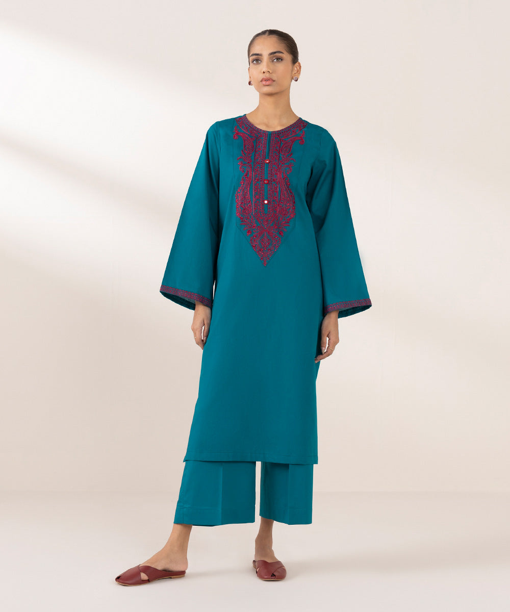 Women's Pret Cambric Embroidered Blue A-Line Shirt