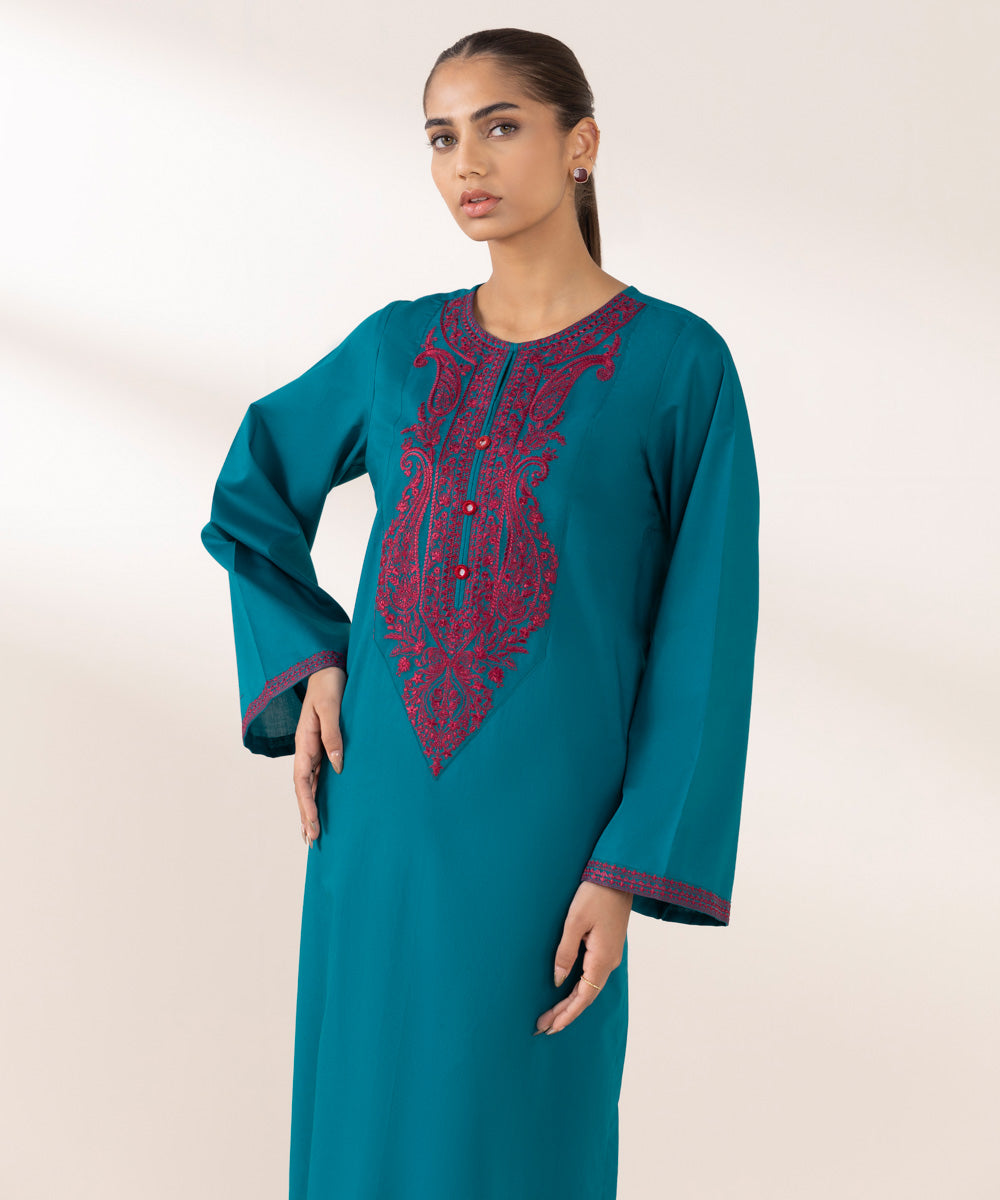 Women's Pret Cambric Embroidered Blue A-Line Shirt