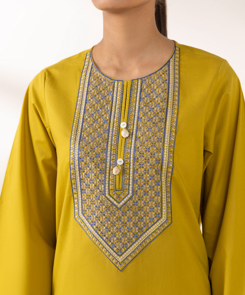 Women's Pret Cambric Embroidered Yellow A-Line Shirt