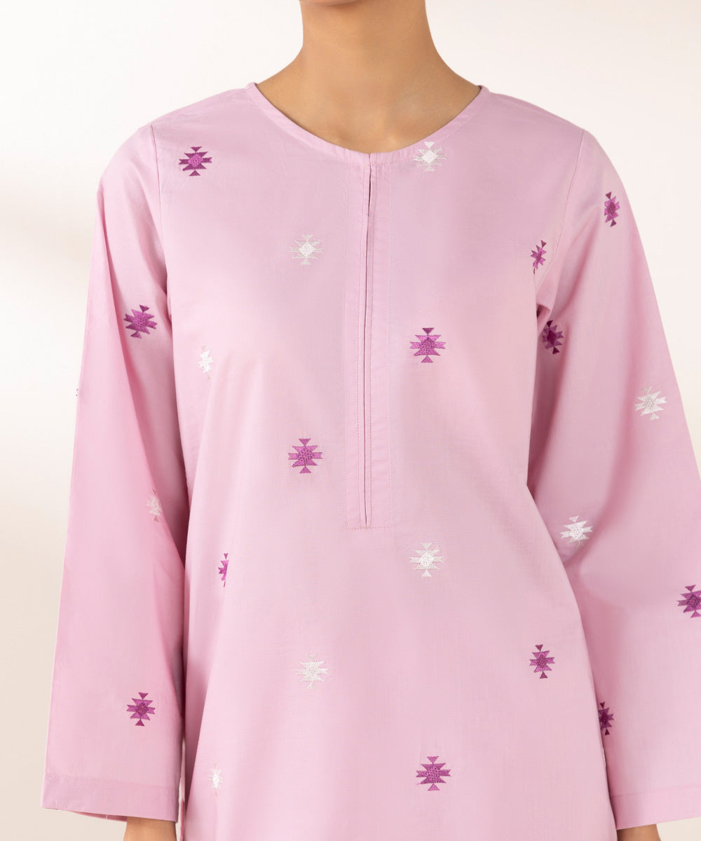 Women's Pret Cambric Embroidered Pink A-Line Shirt