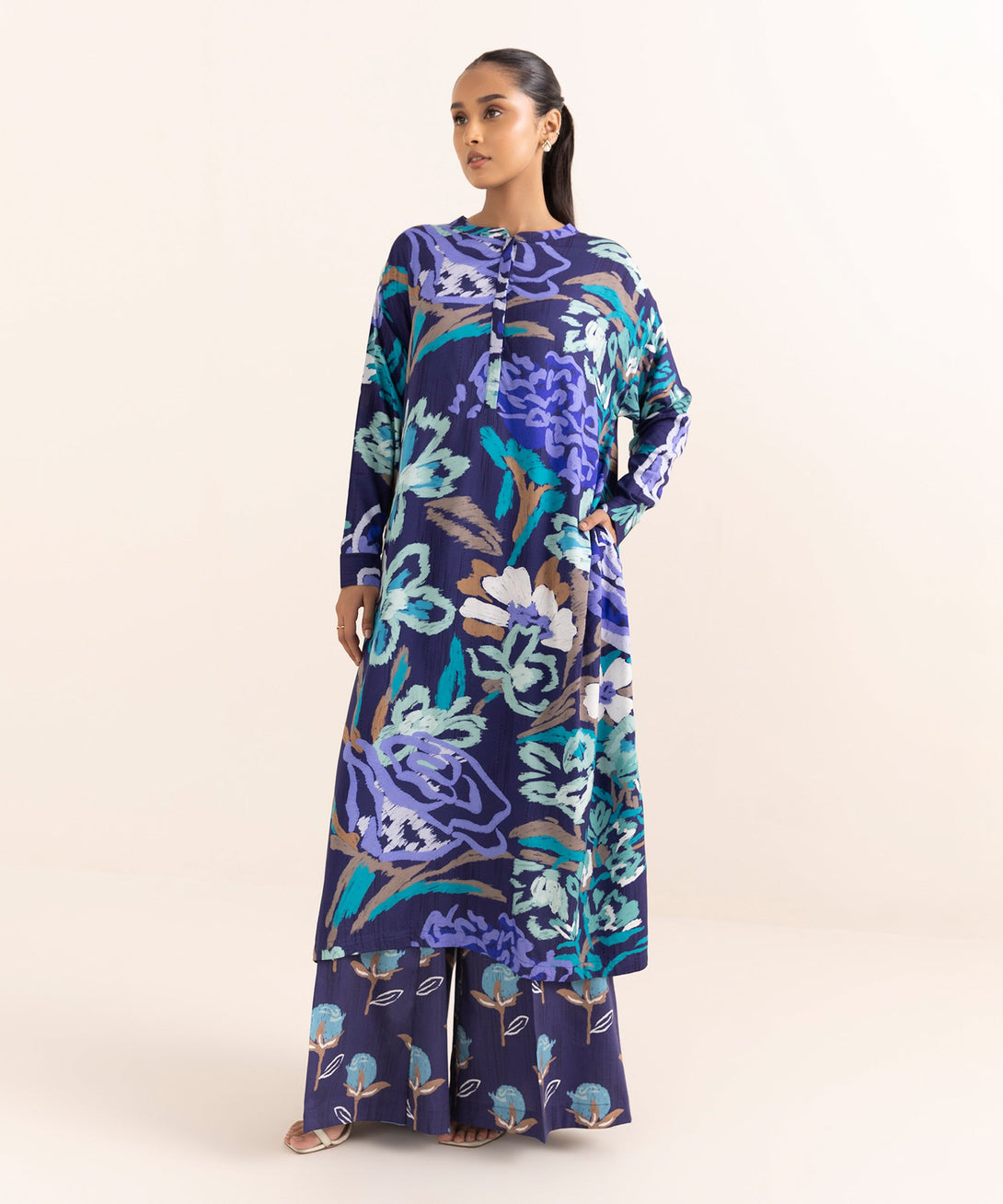 Women's RTW Arabic Lawn Blue Printed A-Line Shirt