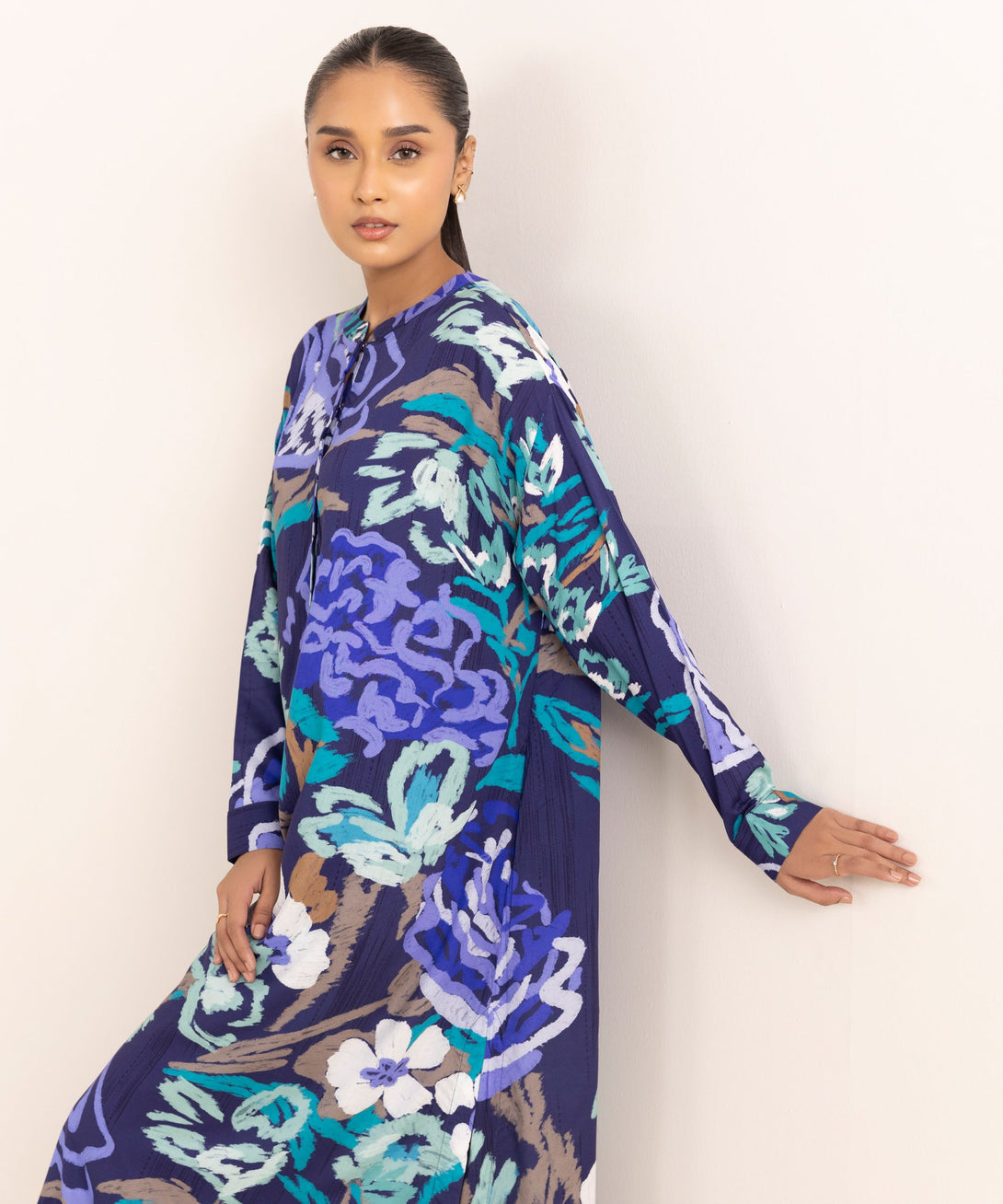 Women's RTW Arabic Lawn Blue Printed A-Line Shirt