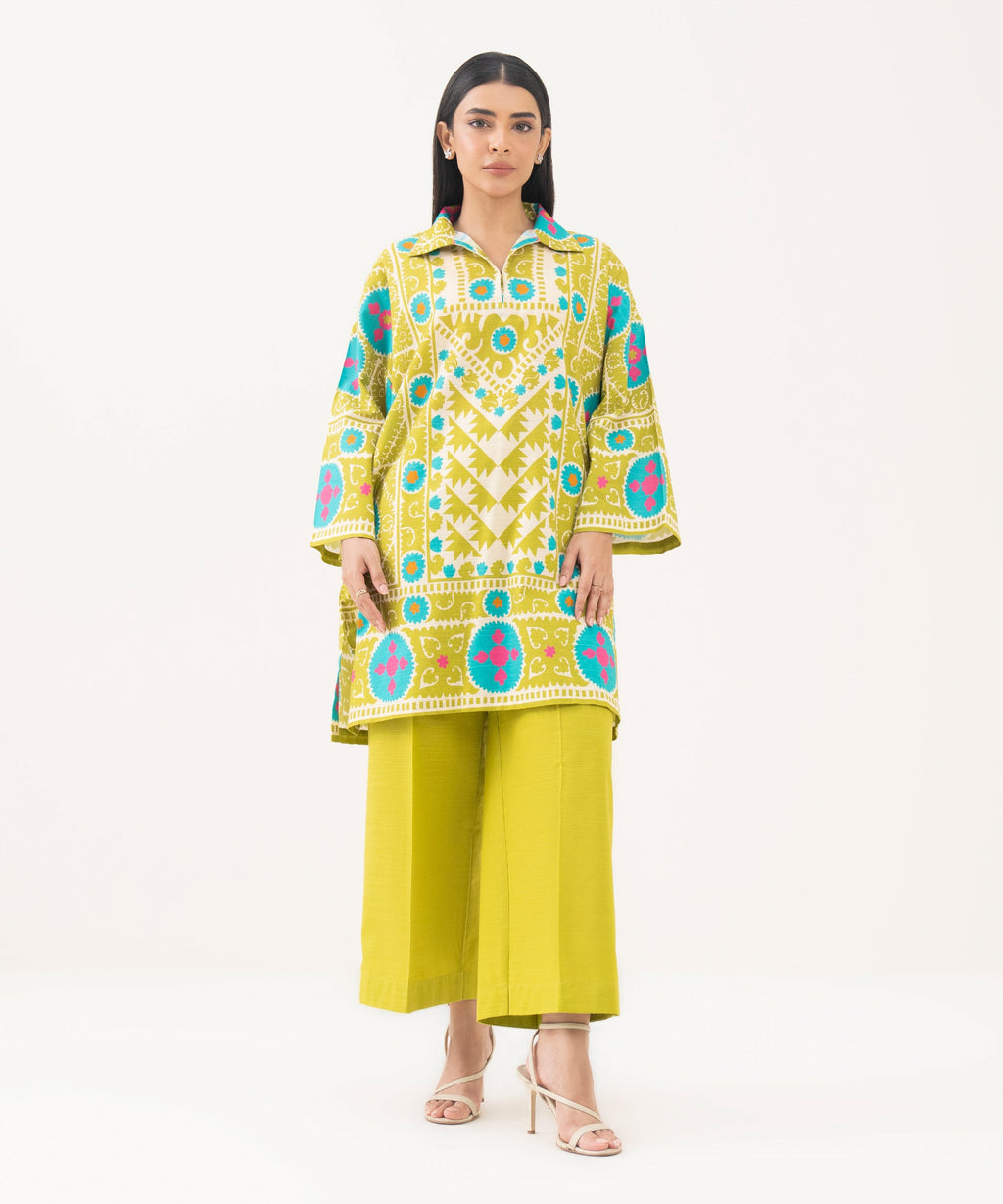 Women's RTW Light Khaddar Printed Green Drop Shoulder Shirt