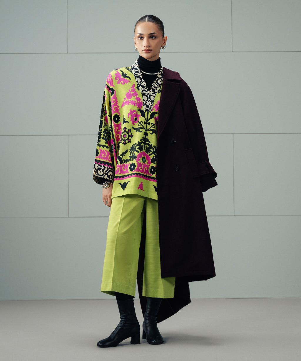 Women's RTW Light Khaddar Printed Green Boxy Shirt