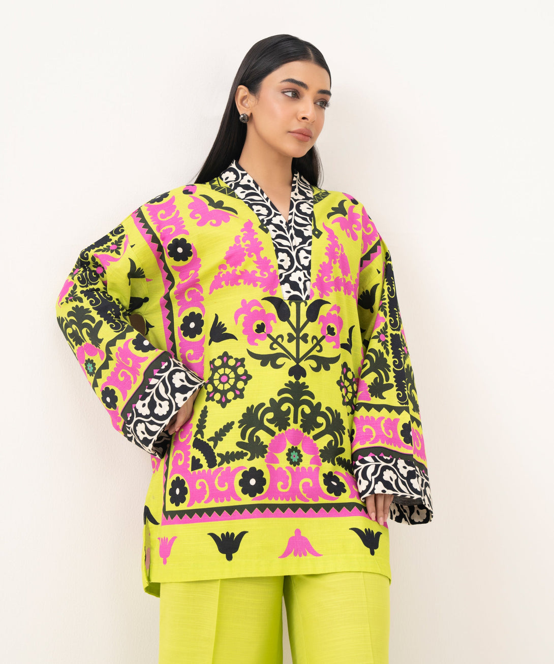 Women's RTW Light Khaddar Printed Green Boxy Shirt
