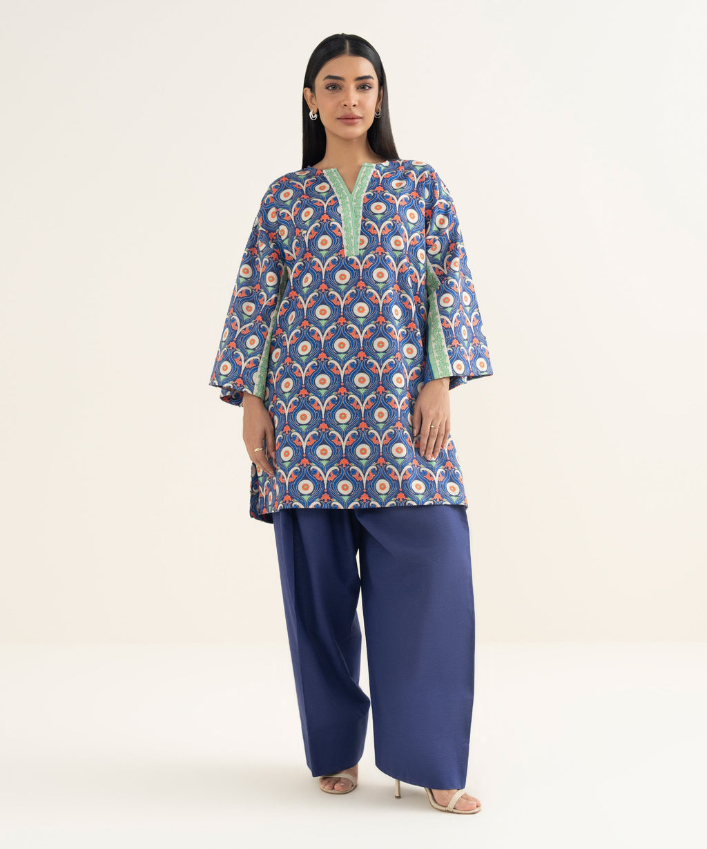 Women's RTW Light Khaddar Printed Blue Drop Shoulder Shirt