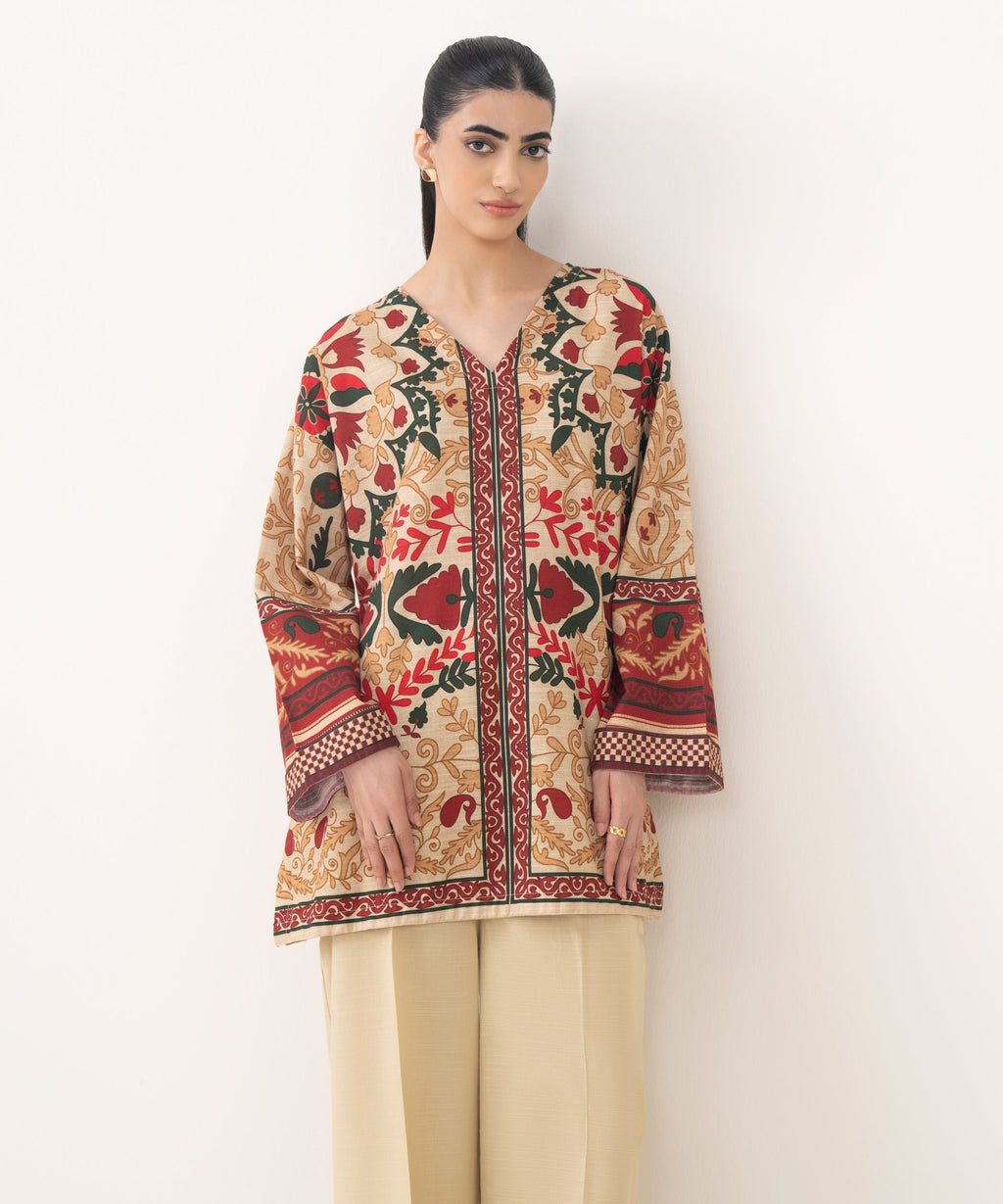 Women's RTW Light Khaddar Printed Beige Boxy Shirt