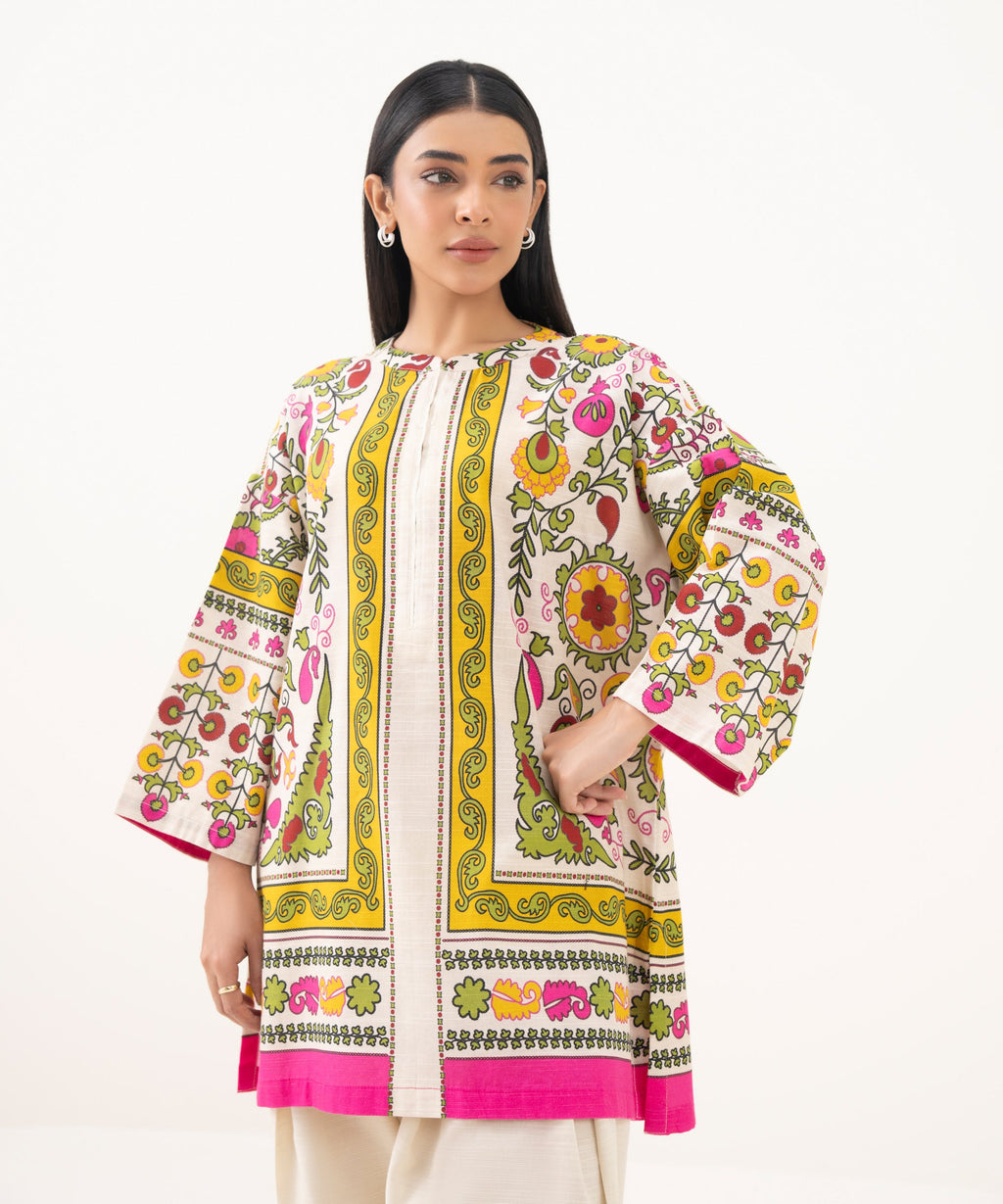 Women's RTW Light Khaddar Printed Off White Drop Shoulder Shirt