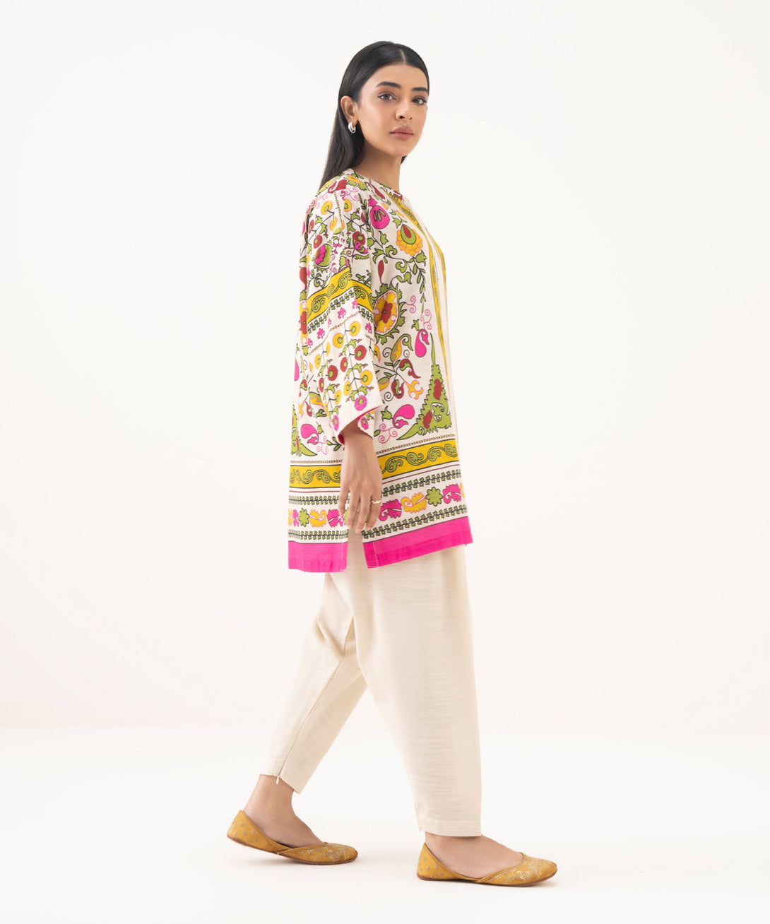 Women's RTW Light Khaddar Printed Off White Drop Shoulder Shirt