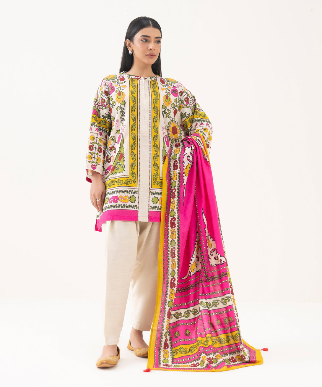 Women's RTW Light Khaddar Printed Off White Drop Shoulder Shirt