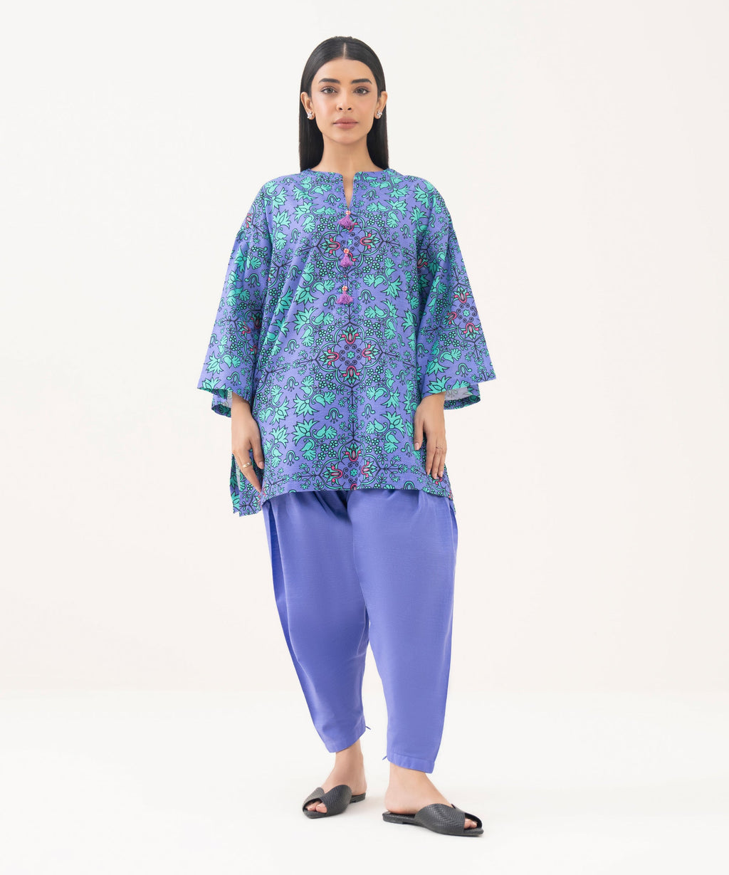 Women's RTW Light Khaddar Printed Purple Drop Shoulder Shirt