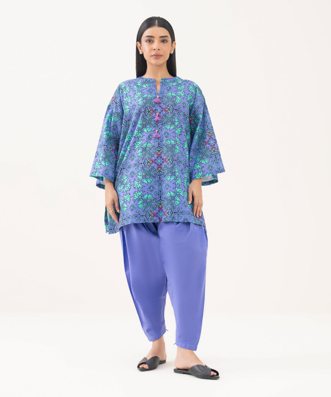Women's RTW Light Khaddar Printed Purple Drop Shoulder Shirt