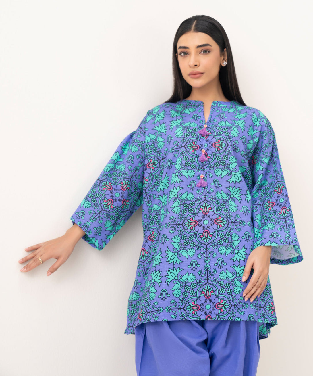 Women's RTW Light Khaddar Printed Purple Drop Shoulder Shirt