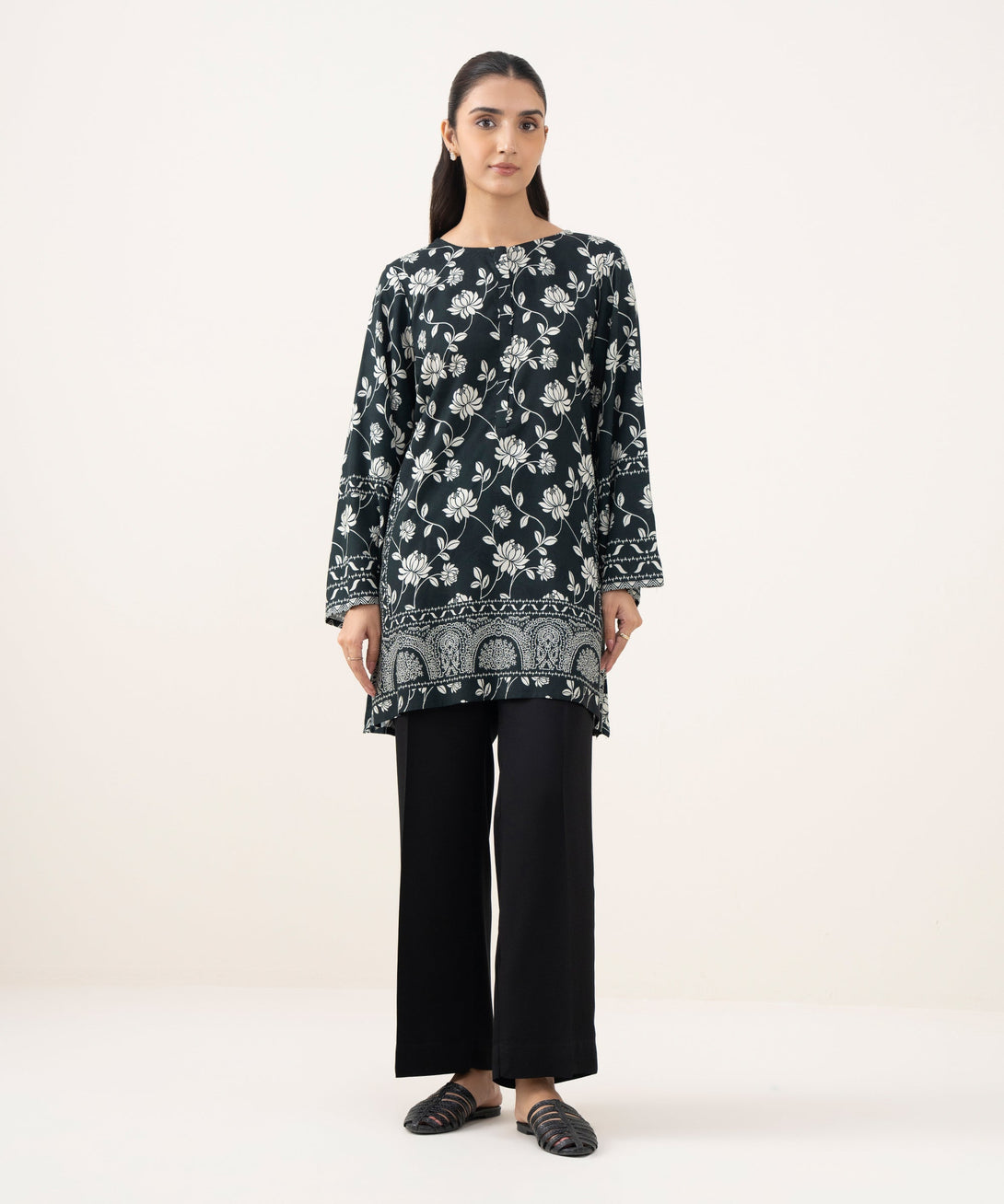 Women's RTW Linen Viscose Printed Black Straight Shirt