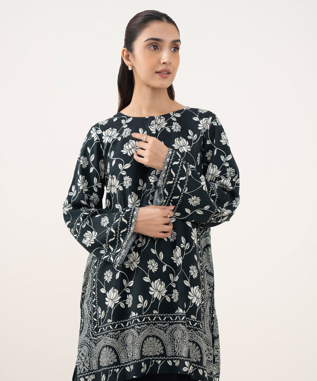 Women's RTW Linen Viscose Printed Black Straight Shirt