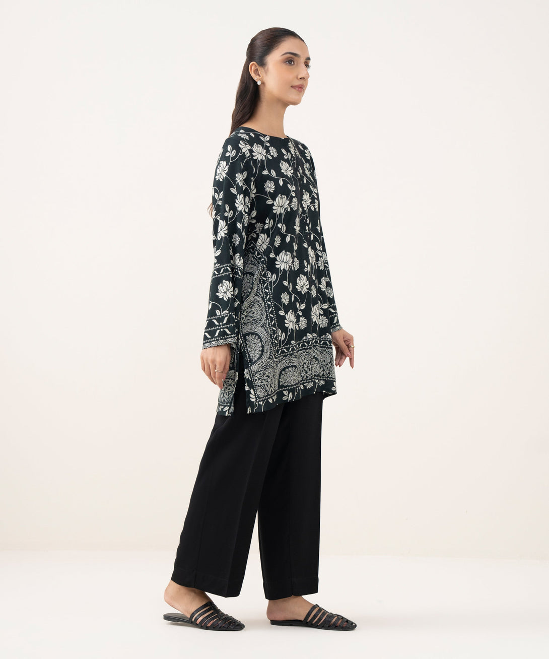 Women's RTW Linen Viscose Printed Black Straight Shirt