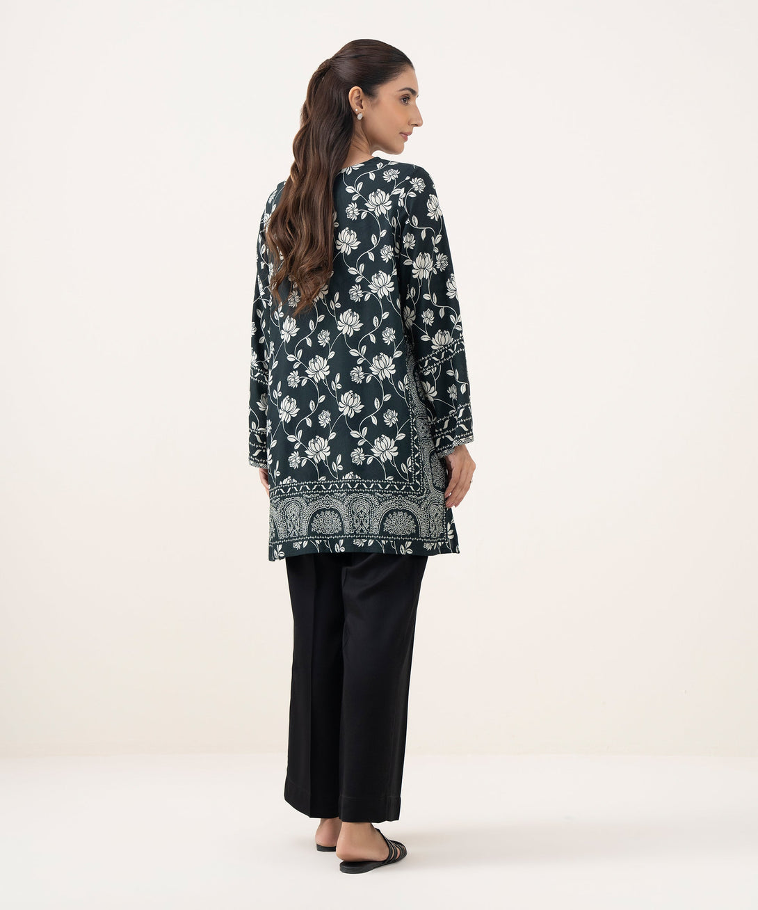 Women's RTW Linen Viscose Printed Black Straight Shirt