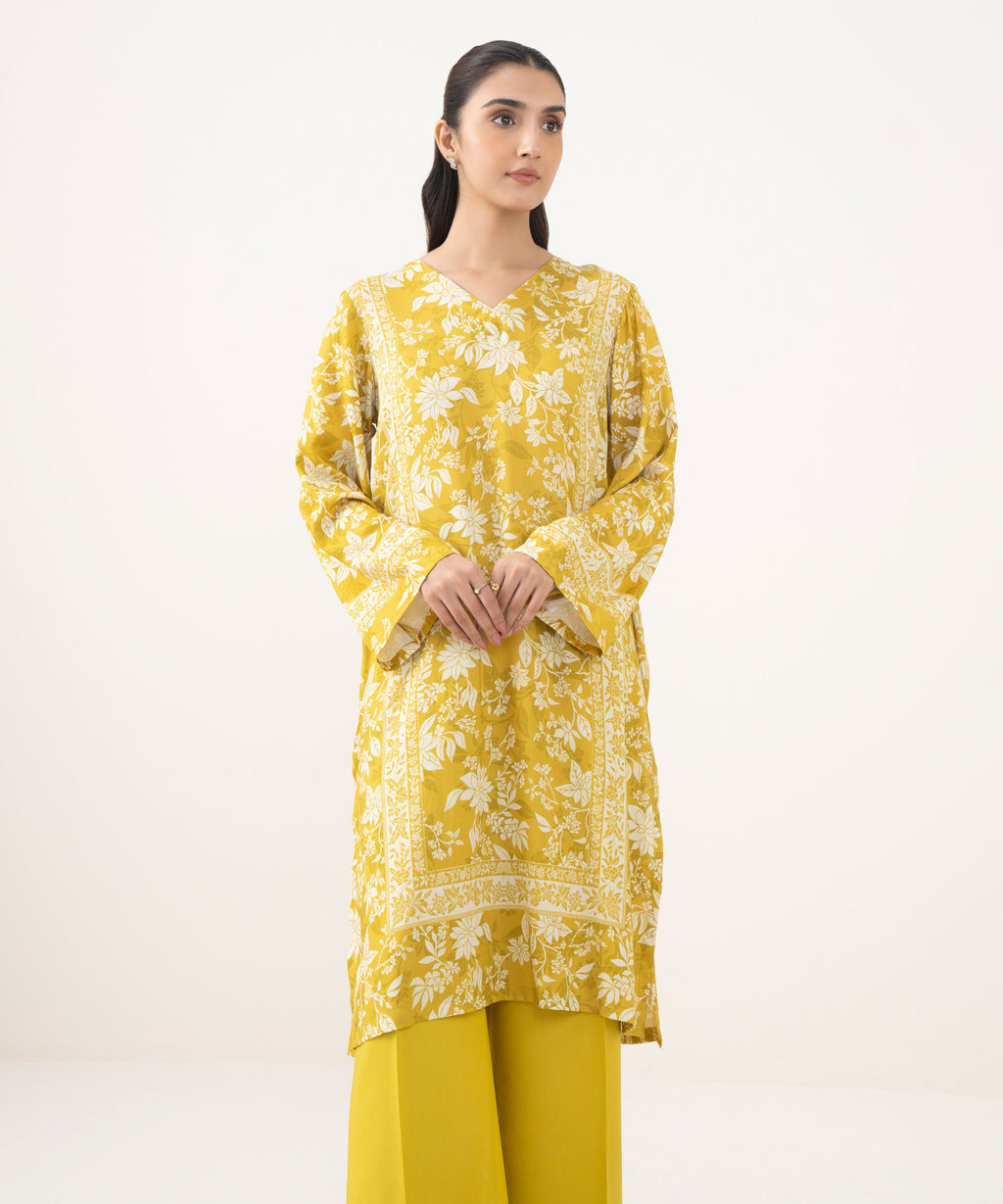 Women's RTW Linen Viscose Printed Lime Straight Shirt