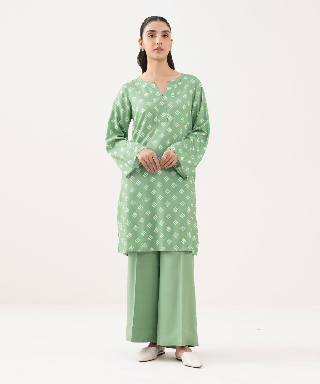 Women's RTW Linen Viscose Printed Green Straight Shirt