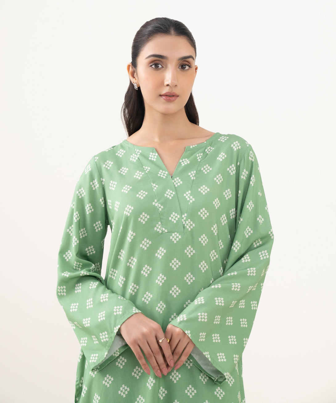 Women's RTW Linen Viscose Printed Green Straight Shirt