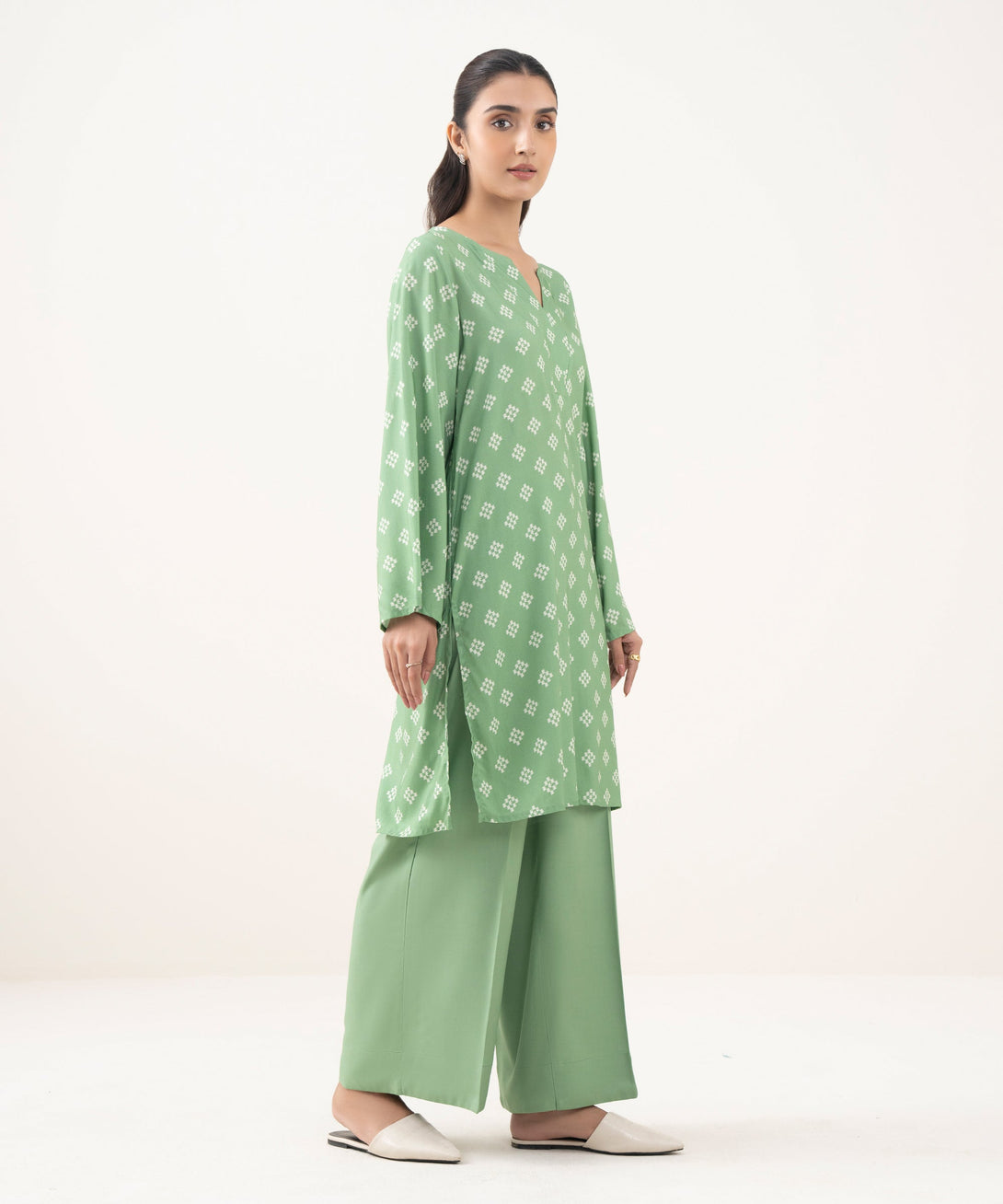 Women's RTW Linen Viscose Printed Green Straight Shirt