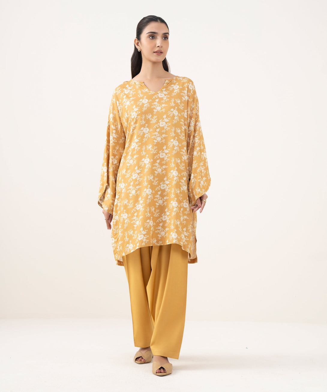 Women's RTW Linen Viscose Printed Yellow Drop Shoulder Shirt