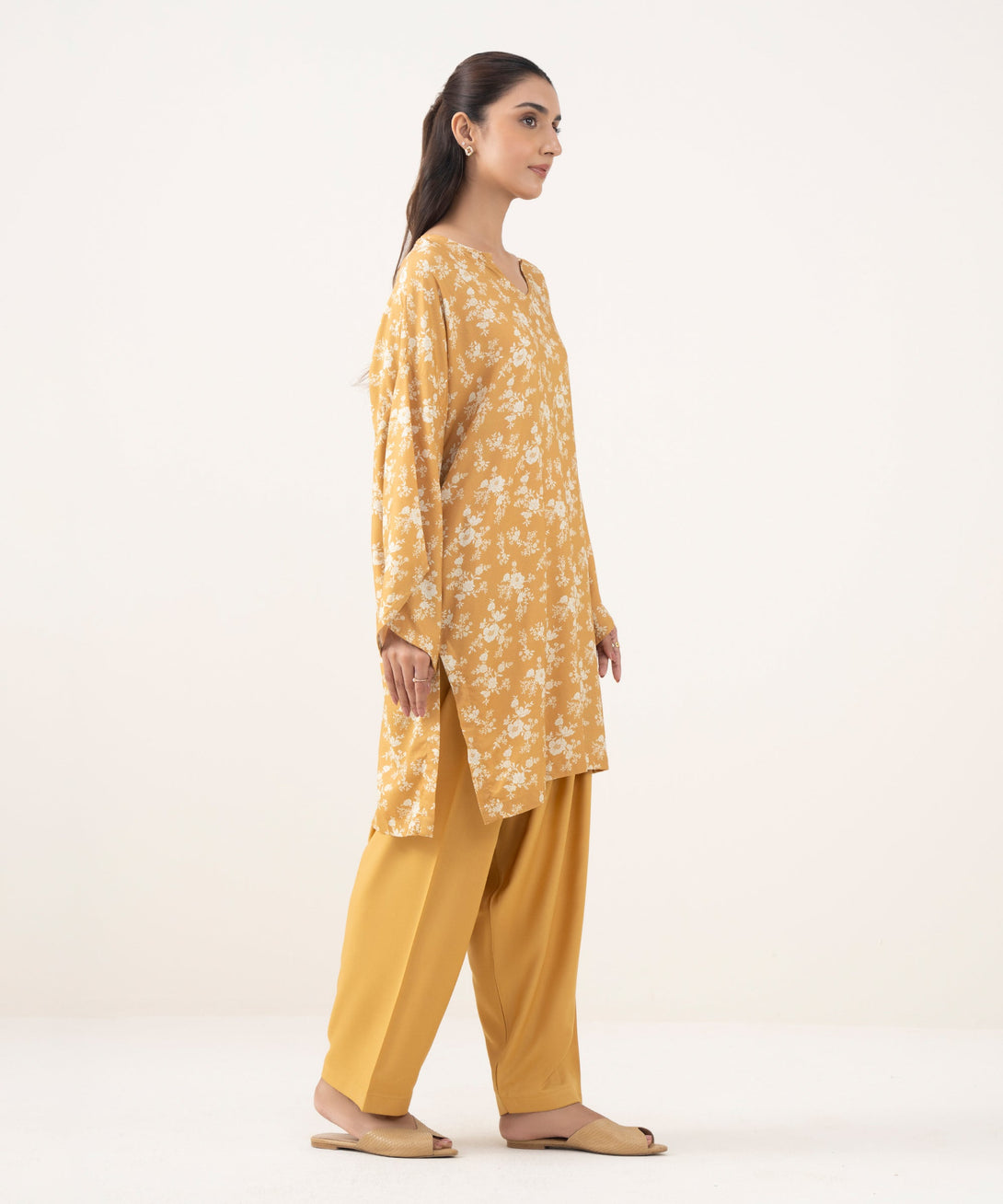Women's RTW Linen Viscose Printed Yellow Drop Shoulder Shirt