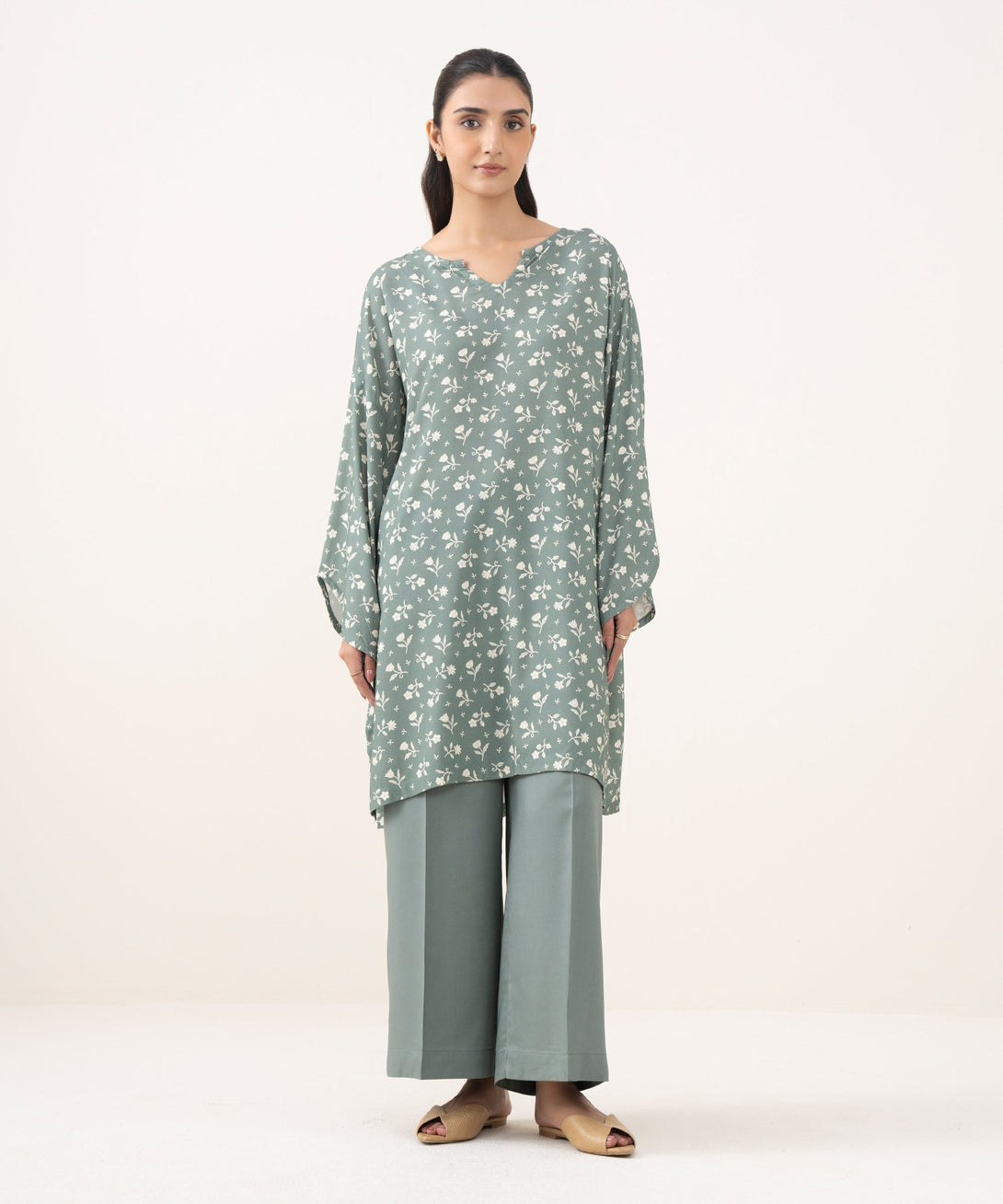 Women's RTW Linen Viscose Printed Grey Drop Shoulder Shirt