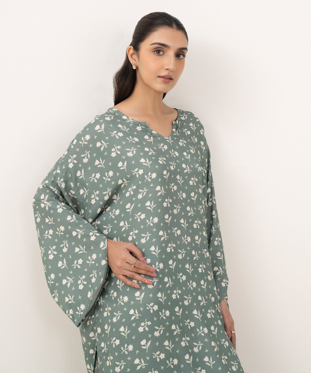 Women's RTW Linen Viscose Printed Grey Drop Shoulder Shirt