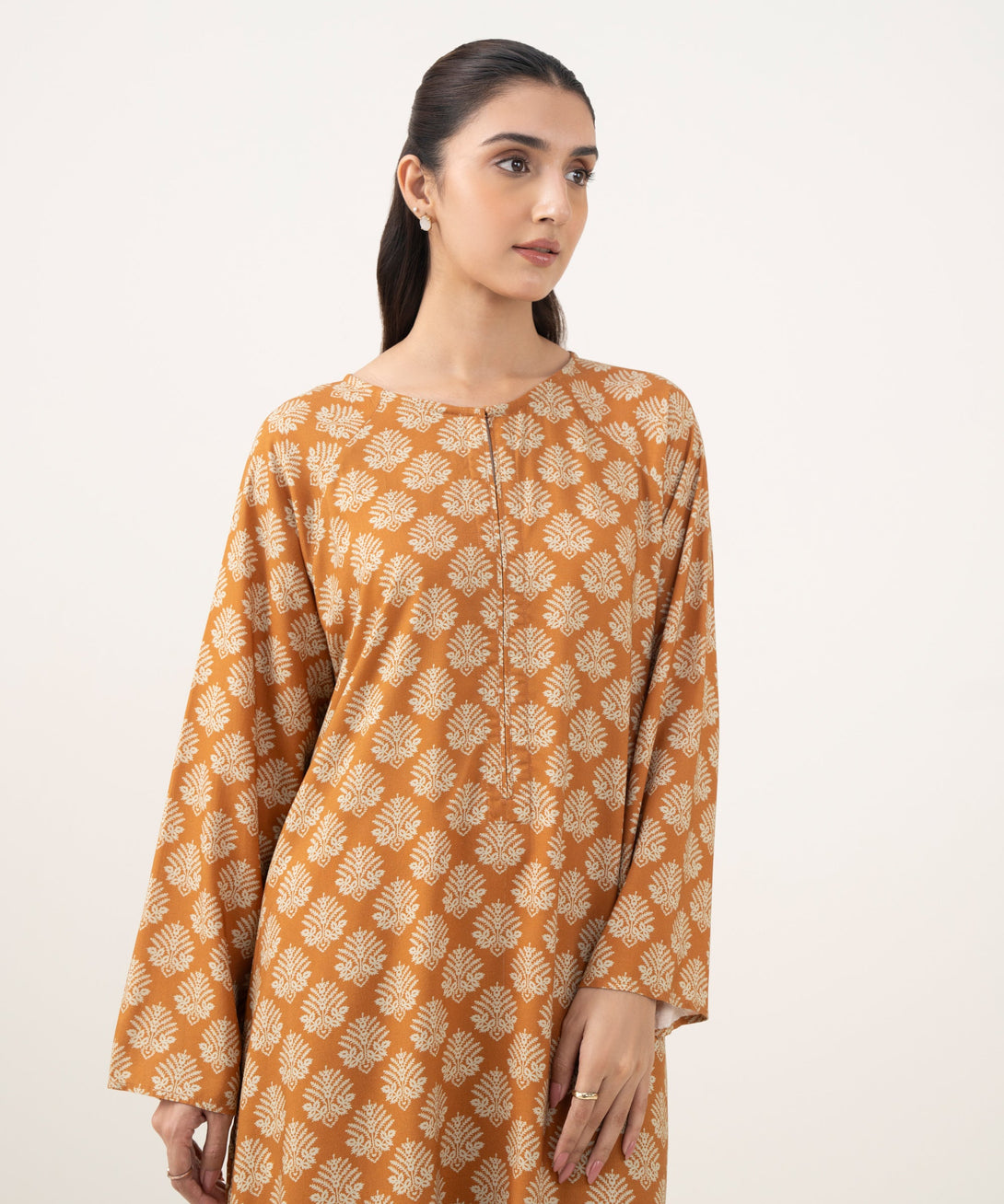 Women's RTW Linen Viscose Printed Rust Straight Shirt