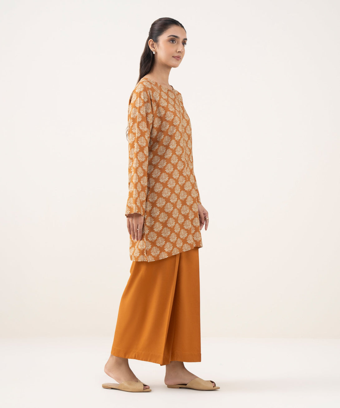 Women's RTW Linen Viscose Printed Rust Straight Shirt
