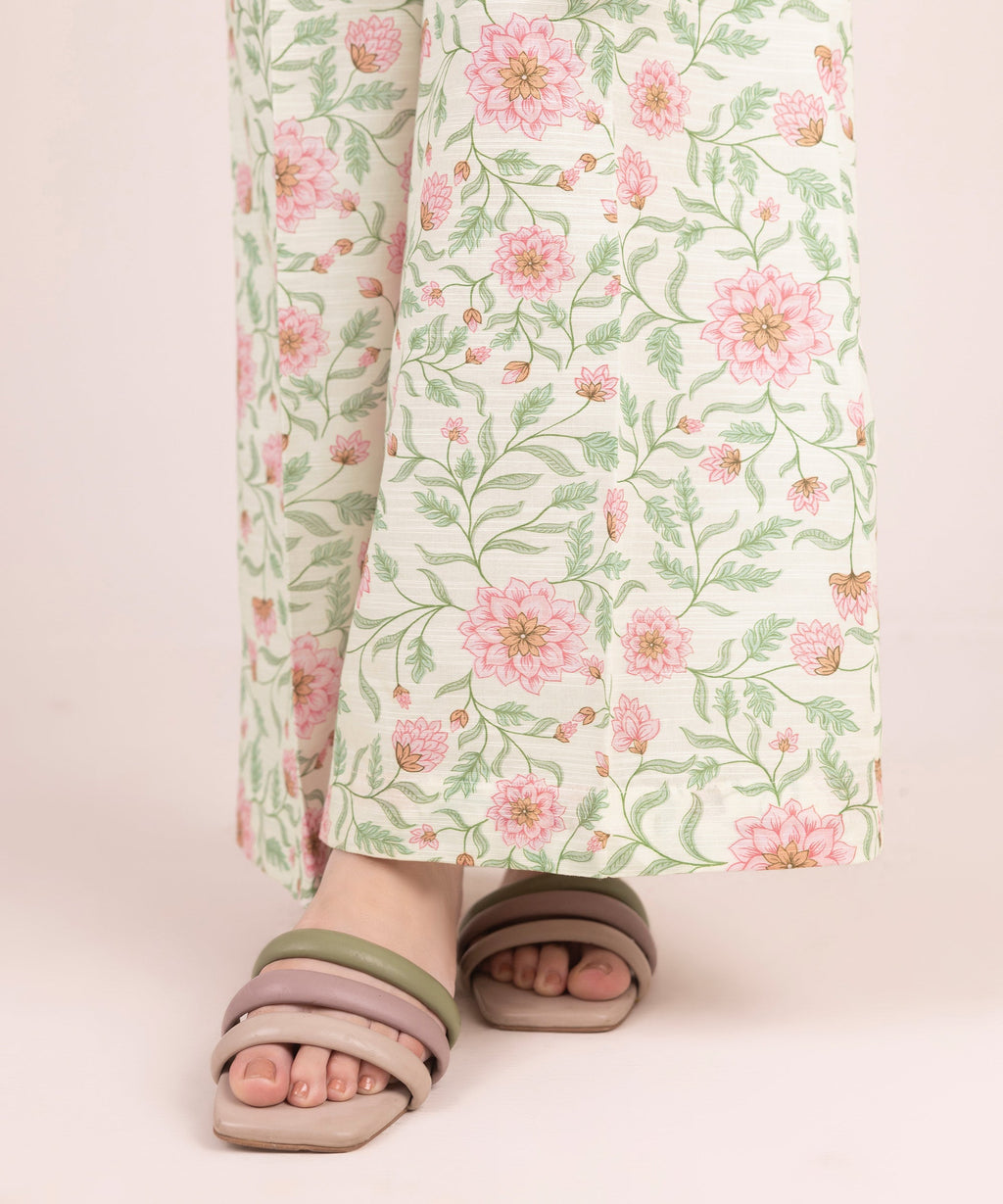 Women's RTW Khaddar Printed Off White Flared Pants