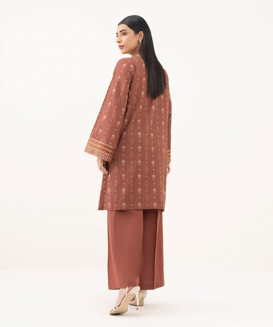 Women's RTW Light Khaddar Embroidered Brown Straight Shirt
