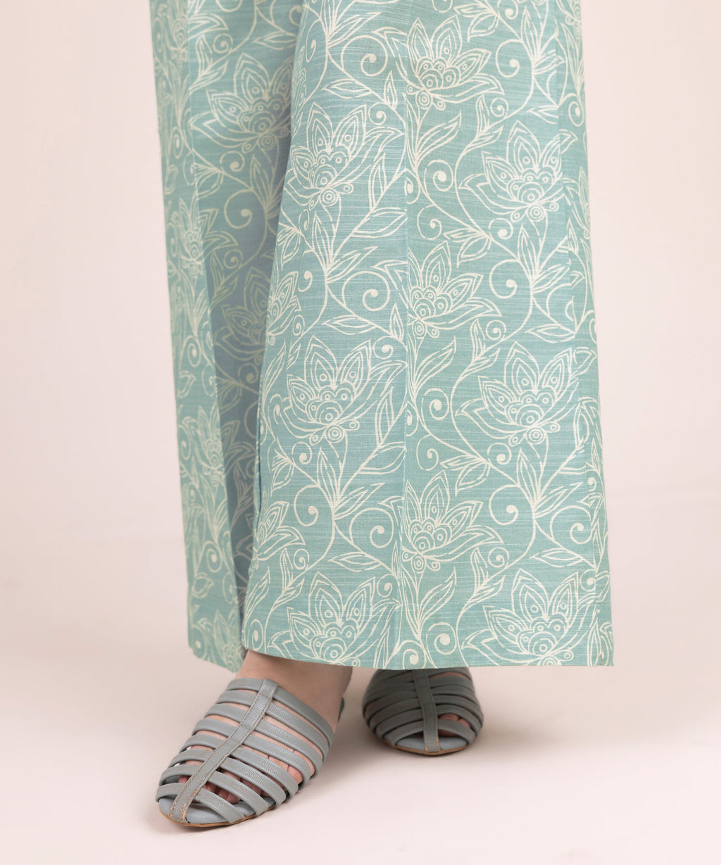 Women's RTW Khaddar Printed Ice Blue Flared Pants