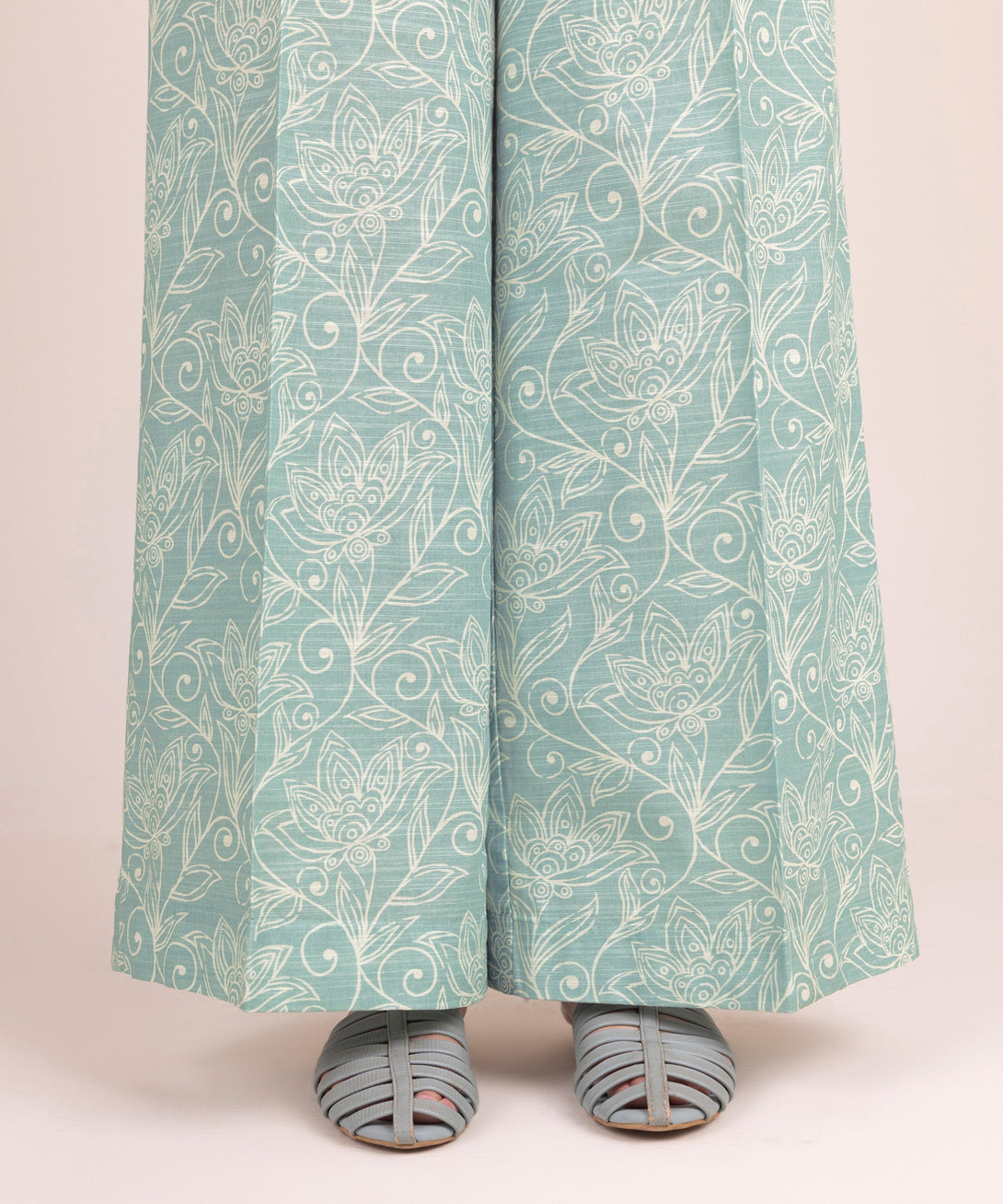 Women's RTW Khaddar Printed Ice Blue Flared Pants