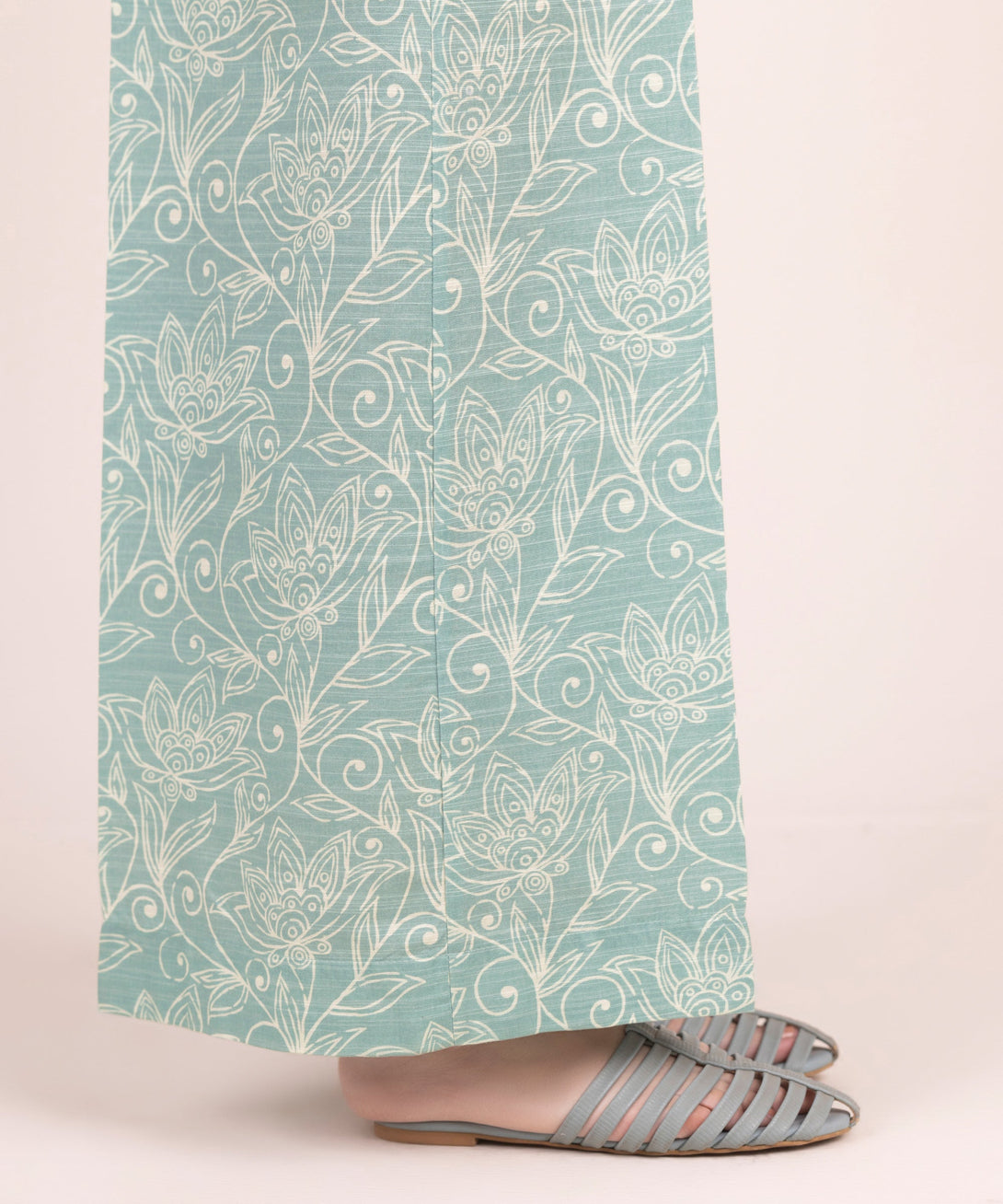 Women's RTW Khaddar Printed Ice Blue Flared Pants