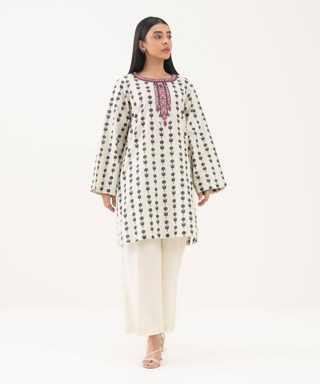 Women's RTW Light Khaddar Embroidered Off White Straight Shirt