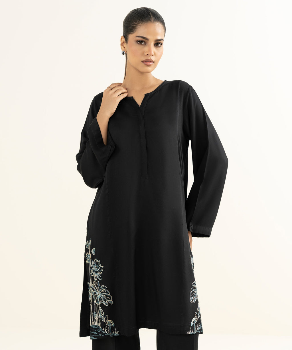 Women's RTW Bedford  Embroidered Black Straight Shirt