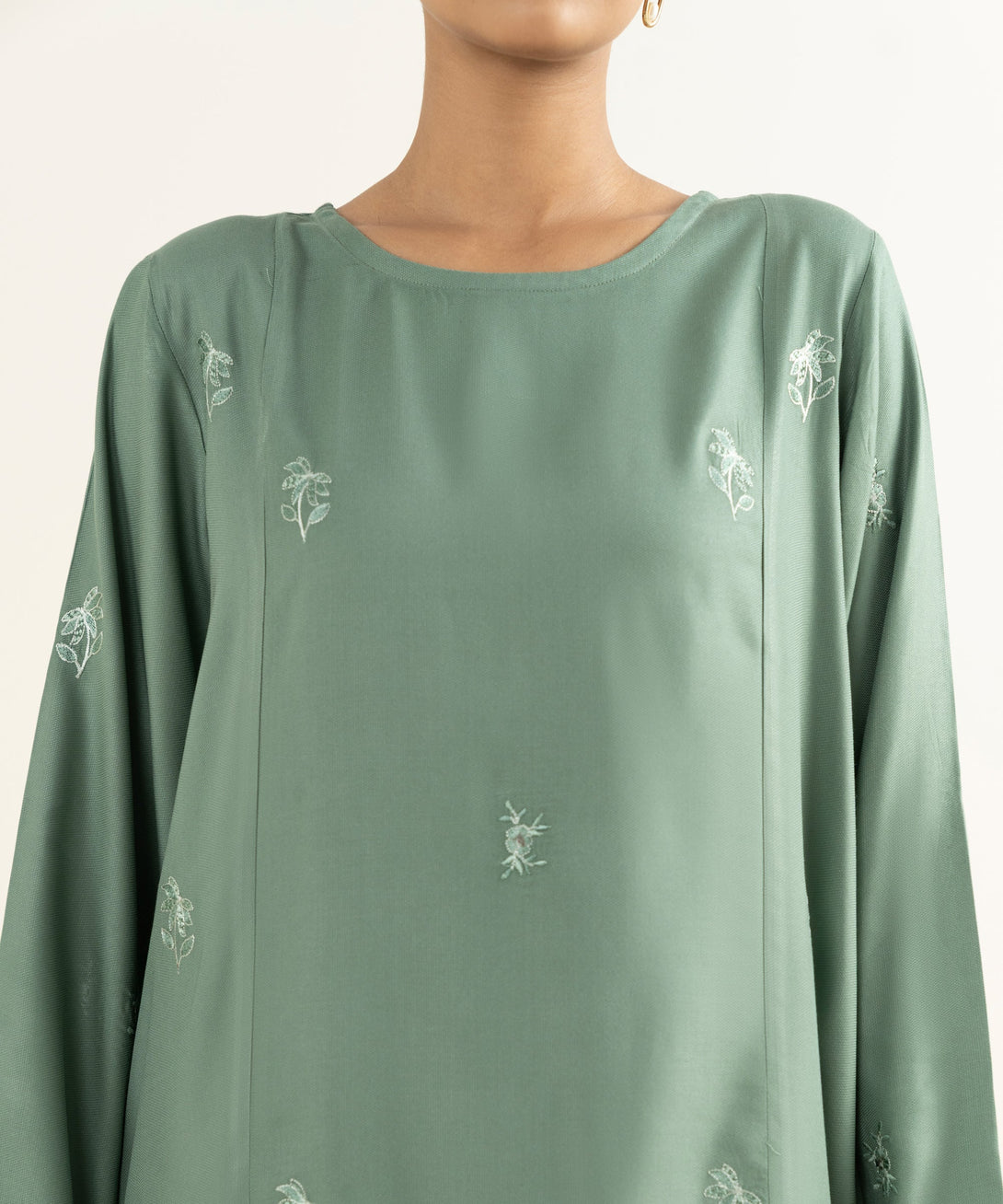 Women's RTW Bedford  Embroidered Sage Green Straight Shirt