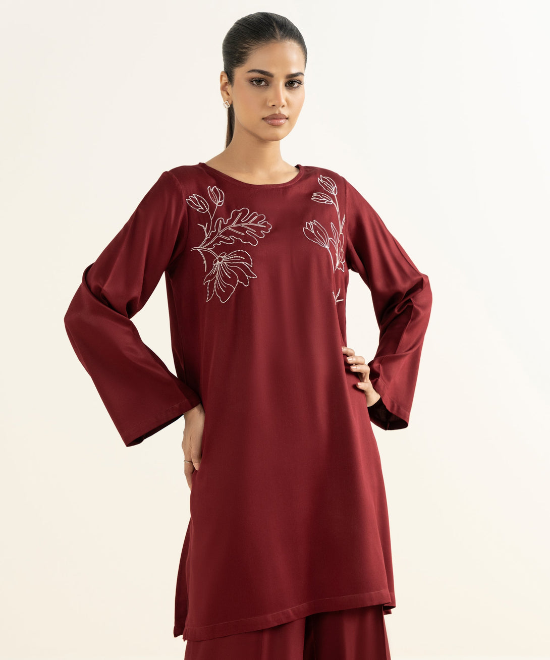 Women's RTW Bedford  Embroidered Maroon Straight Shirt