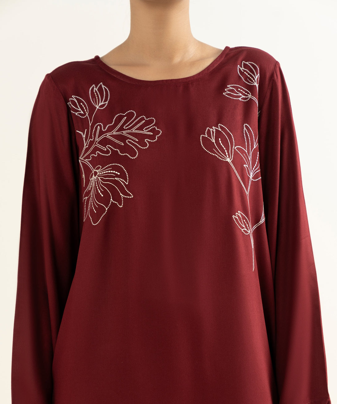 Women's RTW Bedford  Embroidered Maroon Straight Shirt