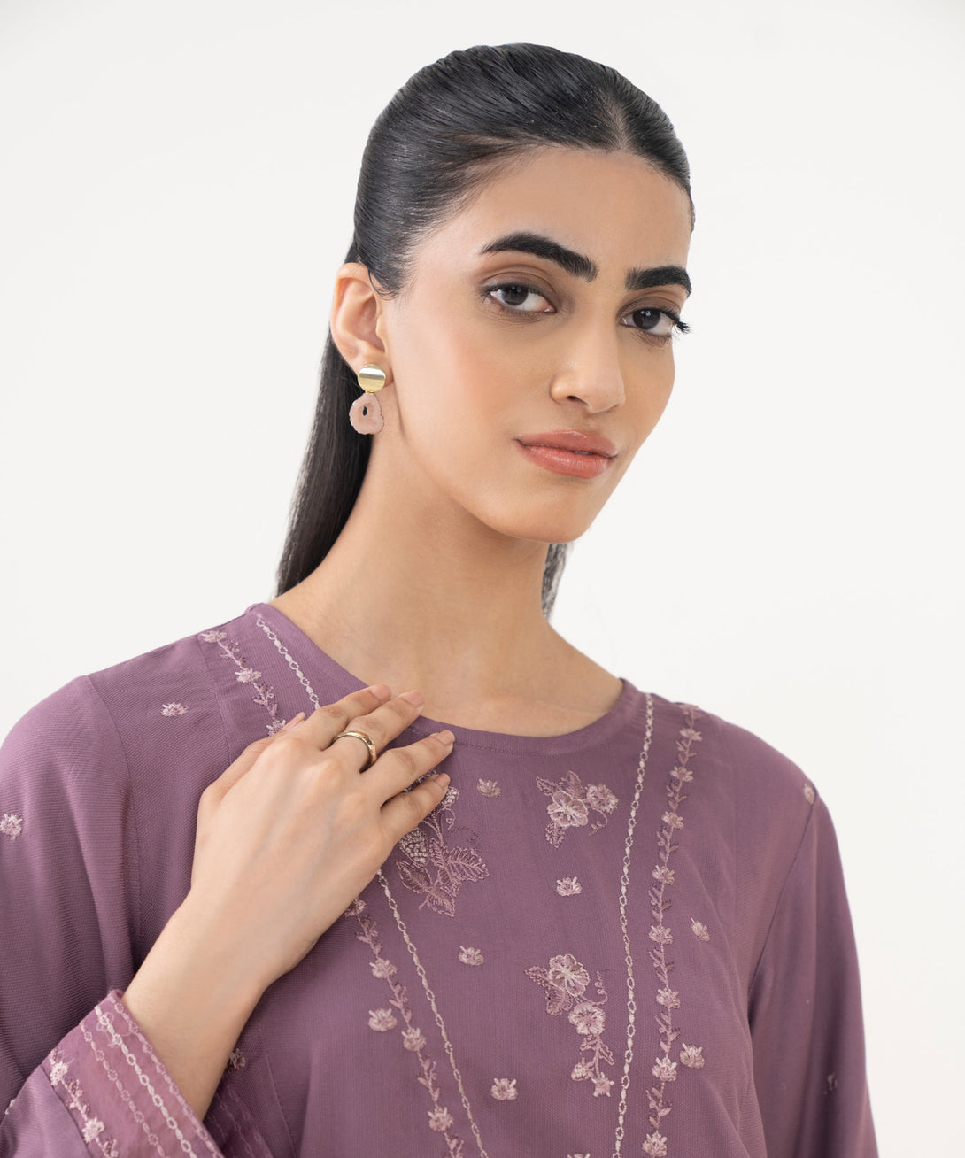 Women's RTW Bedford  Embroidered Purple Straight Shirt