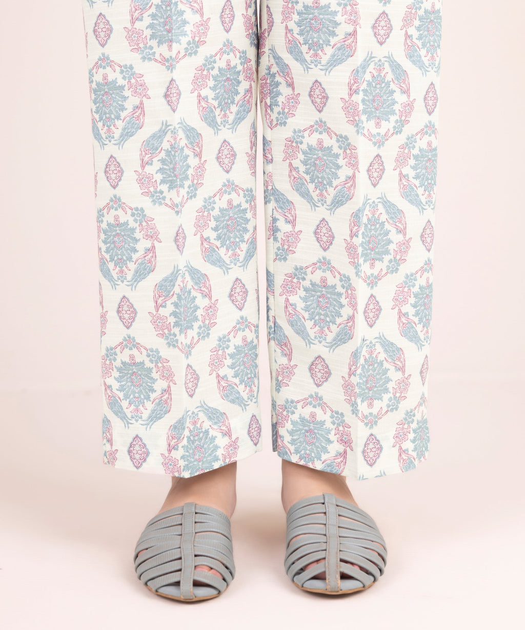 Women's RTW Khaddar Printed White Straight Pants