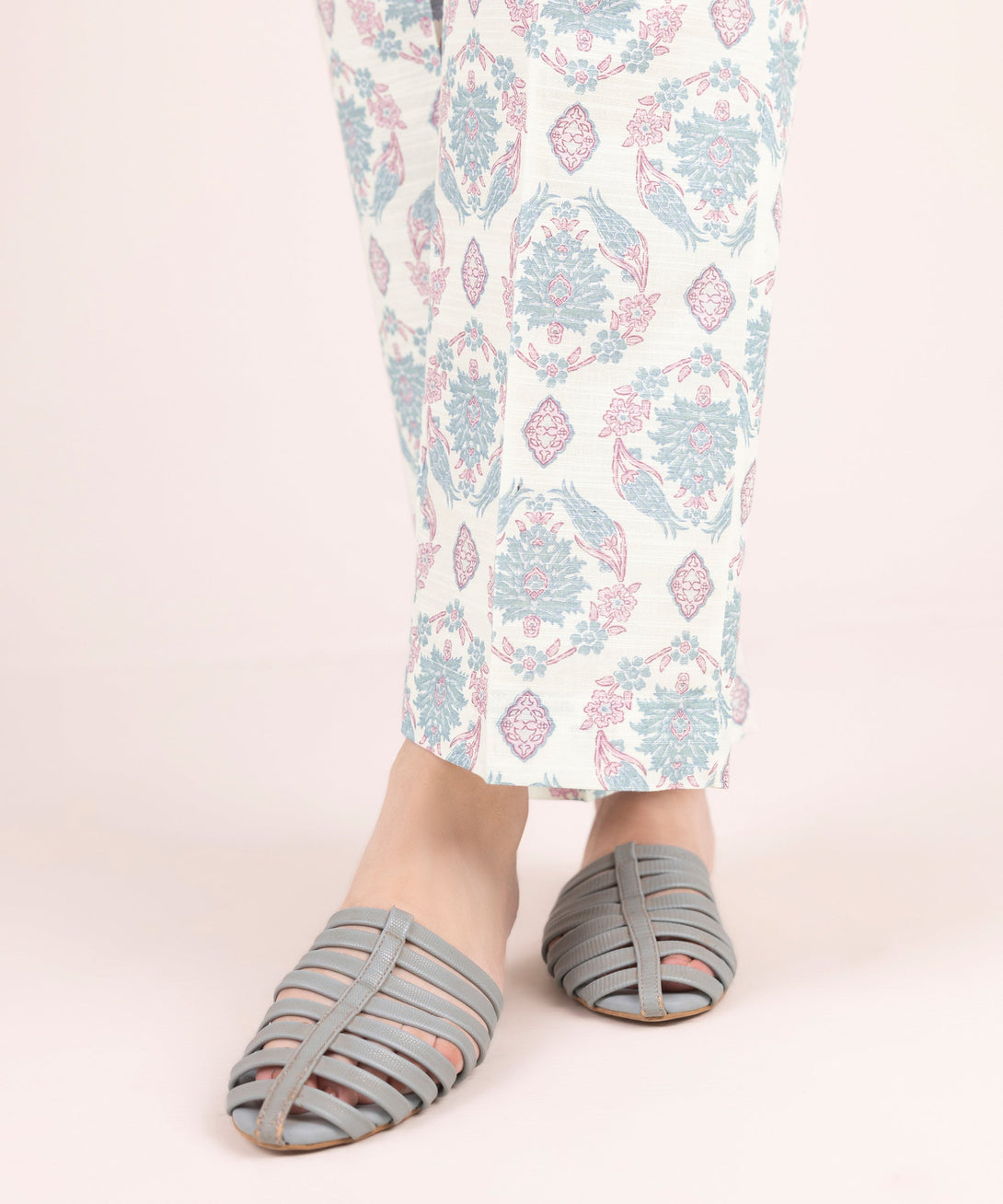 Women's RTW Khaddar Printed White Straight Pants